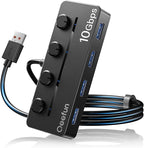 Qeefun 4-Port USB 3.2 Hub, Individual LED Power Switches, 10Gbps Data Transfer USB 3.2 Gen 2 Splitter with 4ft Extension Cable, Multiple USB Extender for Laptop, PC, iMac, USB Flash Drives and More