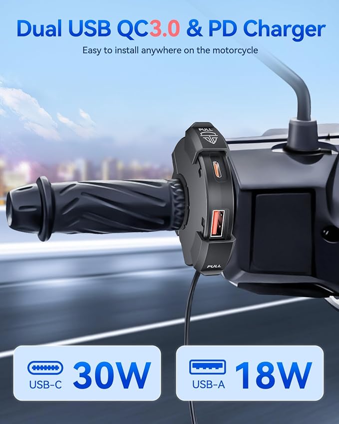 EXTRACTME Motorcycle Phone Charger, 2PC Ultra-Narrow Dual USB Type C 30W PD & Quick Charge 3.0 Motorcycle USB Charger, Waterproof Motorcycle USB Port for Phone, Tablet, GPS (Only 0.51 in Wide)