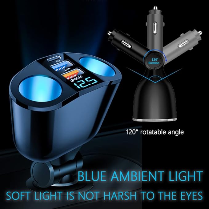 2026 New Upgrade 5 Port Cigarette Lighter Splitter,QC3.0&PD 20W Super Fast Car Charger with Dual Cigarette Lighter Plug with LED Voltmeter Compatible with iPhone 14 Pro iPad Dash Cam GPS (PD+QC+2.4A)