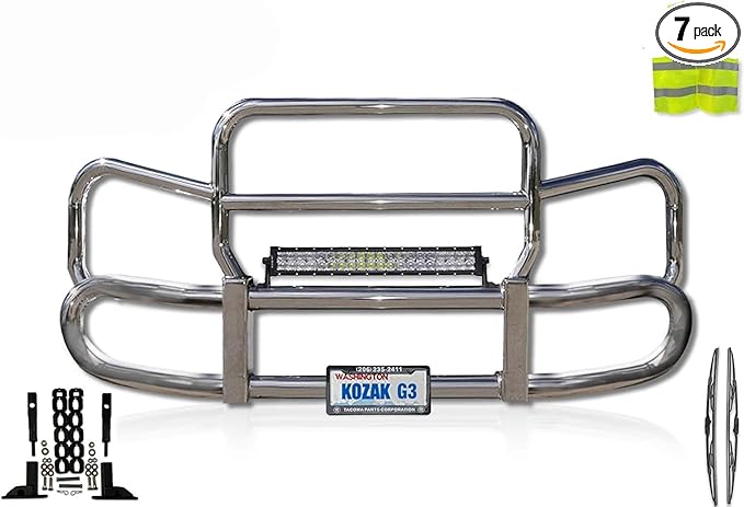 KOZAK Grille Deer Moose Brush Bumper Guard HERD 300 Compatible with Kenworth T880 2014-2025 PLUS Brackets, 22" LED Bar 120W, Logo, 2x 22" Windshield Wipers, License Plate Holder & Frame, Vest