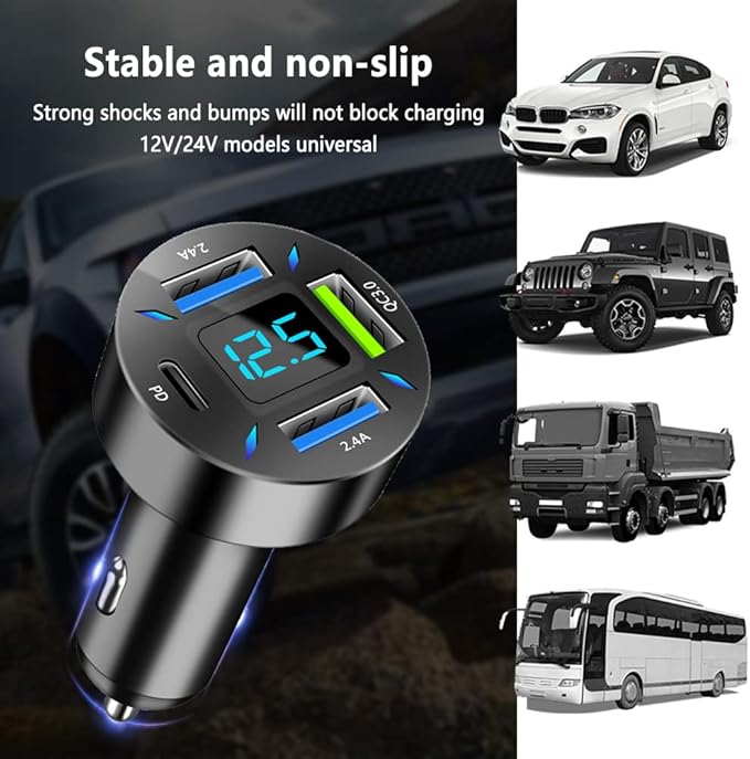 Car Charger 66W Super Fast Charging with USB C&QC 3.0(Voltmeter&LED Lights) Universal Quick Charge for 12-24V Car Cigarette Lighter Plug,Compatible with iPhone 14 13,S22,iPad(2Pcs-Black-QC/PD/2.4A)