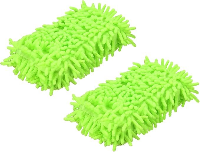 HARFINGTON 2pcs Car Wash Sponge 8.7" x 4.3" Chenille Microfiber Mitt Scratch-Free Absorbent Scour Scrubber Cleaning Sponge for Washing Detailing on Cars, Trucks, SUV, Boat, Fluorescent Green