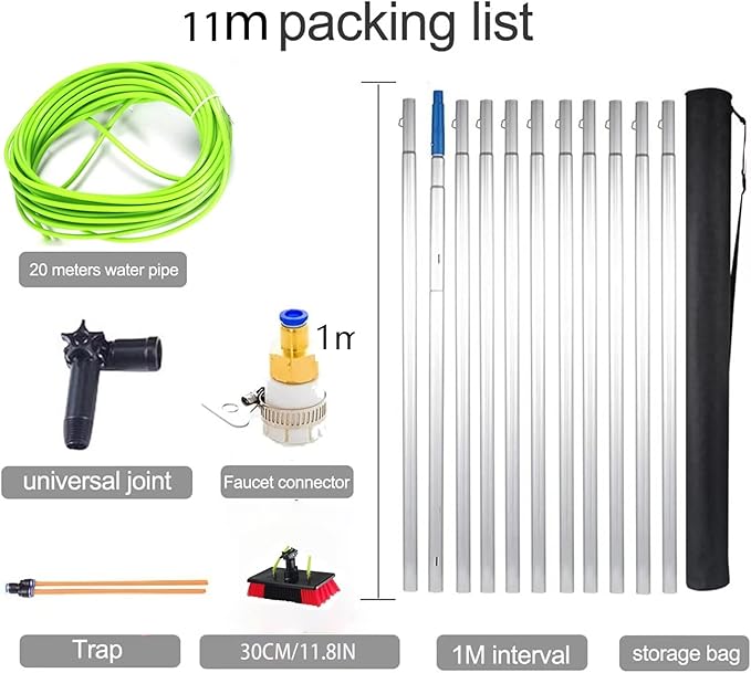 Extendable Window Cleaning Pole with 30cm Water Fed Brush – Perfect for Conservatory Roofs Solar Panel and Vehicle Cleaning – Effortlessly Reaches 11M for High