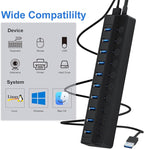 ONFINIO Powered USB Hub 3.0, 10-Port USB Splitter Hub with Individual On/Off Switches and 12V/2A Power Adapter USB Extension