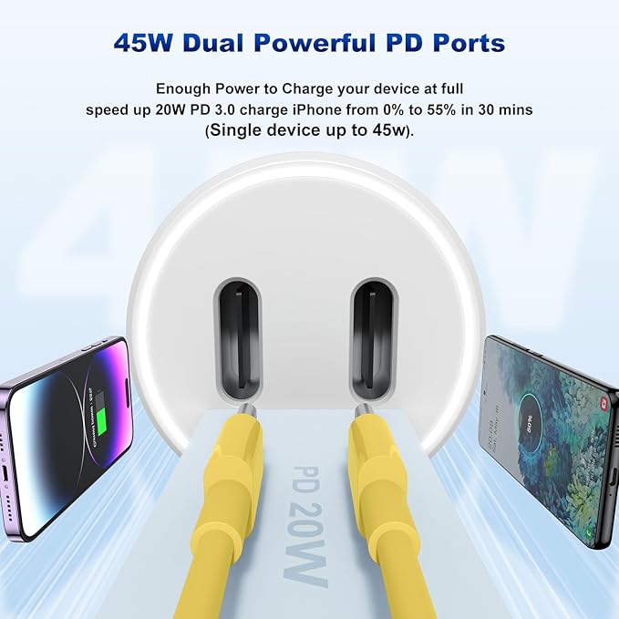 iPhone 14 13 Car Charger, Certified 45W Dual Port USB C Rapid Apple Car Adapter with 6ft Type C to Lightning Cable Fast Charging for iPhone 14 Pro/14 Pro Max/14 Plus/13/12/11/X/XS/SE,iPad-Yellow