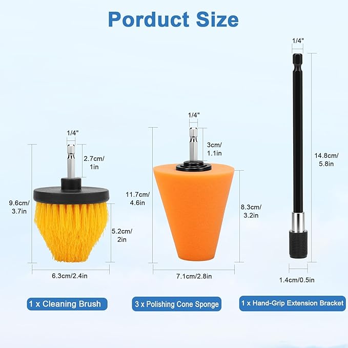 Linkstyle 5PCS Drill Polishing Cone Set, Car Wheel Polisher Sponge Pad Kit with Long Extension Pole & Cleaning Brush, Buffing Cone for 1/4" Hex Drill, Car Rim and Metal Surface Polishing Tool