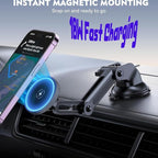 2025 Compatible with iPhone and Android Car Mount Charger for MagSafe 3-in-1 Wireless Fast Charging with Magnetic Suction Cup Mount for Windshield, Vent, or Dash, Type-C Input, 15W Output Power