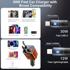 4 in 1 Retractable Car Charger,69W Cigarette Lighter Charger,USB C Fast Car Charger for iPhone 17 Pro Max 16 15 14 13 12 11 (for Apple+Type C &RGB Breathing Light [Orange])