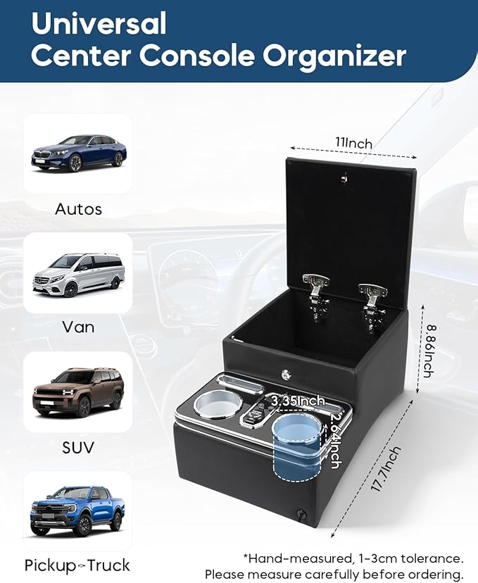 Upgraded Center Console with Lock, Truck Bench Front Seats Center Console Organizer and Storage, Cup & Phone Holder for Minivan, SUV, Middle Van, Fast Phone Charging & 7-Color Adjustable LED Lighting