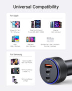 USB C Car Charger,90W 3-Port Dual USB-C & USB-A Car Power Adapter,Includes a Fast Charging Cable for iPhone 16/15/14/13/12/11/Pro Max, iPad, Samsung Galaxy, Google Pixel and Android Devices