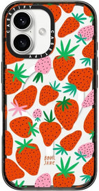 CASETiFY Impact Case for iPhone 16 [Slim / 8.2 ft. 4X Military Grade Drop Protection/Compatible with Magsafe] - Strawberries - Clear Black