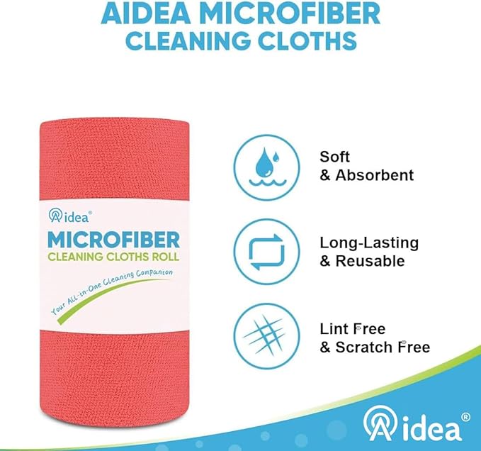 AIDEA Microfiber Cleaning Cloth, 165 Sheets(3 Roll), Micro Fiber Cloth for Cleaning Car, Reusable Paper Towels, Red Shop Rags for Automotive, Mechanic, Workshops, House,11×9"