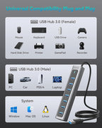 GiGimundo USB Hub 3.0, 8-Port USB Hub Long Cable 6 FT with 7-USB3.0 Data Ports and TypeC 5V/3A Power Port, Aluminum 5Gbps USB Splitter for PC, Laptop, Desktop, Computer, PS5, XPS(Gray,1.8M)