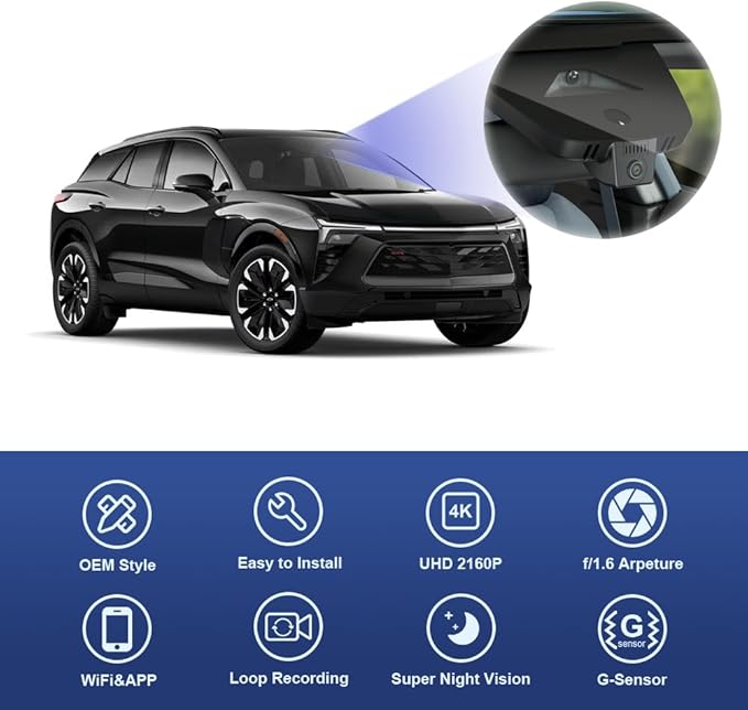Fitcamx 4K Dash Cam for 2024 Chevy Blazer EV LT RS (HD2-D1300) with Auto-Dimming, OEM Factory Look, UHD 2160P Video, Built-in WiFi & APP, Loop Recording, G-Sensor, Plug & Play, 64GB Card