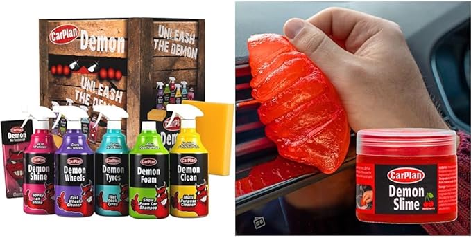 CarPlan Demon Complete Car Cleaning Kit + Demon Slime Interior Cleaner Gel – 8 Piece Auto Detailing Bundle with Car Wash Soap, Wheel Cleaner, Tire Shine, Interior Spray, Air Freshener & Dust Cleaning