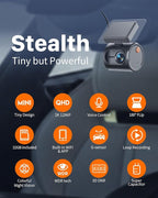 KAWA 2K Tiny Dash Cam, 1296P QHD Mini Car Camera DashCam - Voice Control, G -Sensor, Free 32GB TF Card, Built-in WiFi, APP Control, WDR/3D DNR with Super Night Vision, 24H Parking Mode