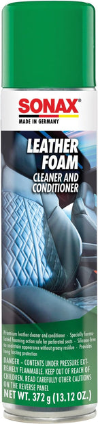 SONAX Leather Foam 289300 | 2 in 1 Aerosol Leather Cleaner and Conditioner | Safe to Use on Perforated Air Conditioned/Heated Seats | UV Protection Prevents UV Damage | 13.02 oz