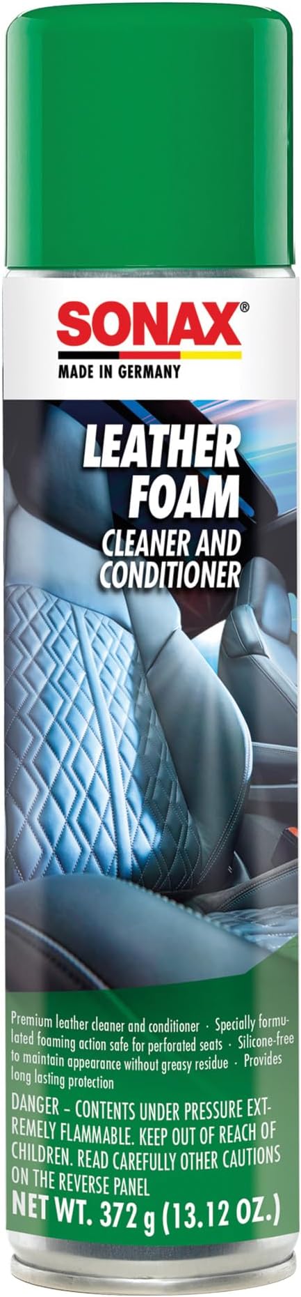 SONAX Leather Foam 289300 | 2 in 1 Aerosol Leather Cleaner and Conditioner | Safe to Use on Perforated Air Conditioned/Heated Seats | UV Protection Prevents UV Damage | 13.02 oz