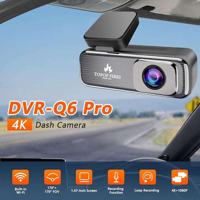TOPOPFIRES Dash Cam Front and Rear,4K 60fps +1080P Dashcam,Dual Lens Dashcams for Cars with WiFi, Night Vision, 24H Parking Monitor, Loop Recording, G-Sensor, WiFi App Support,64GB Card Included
