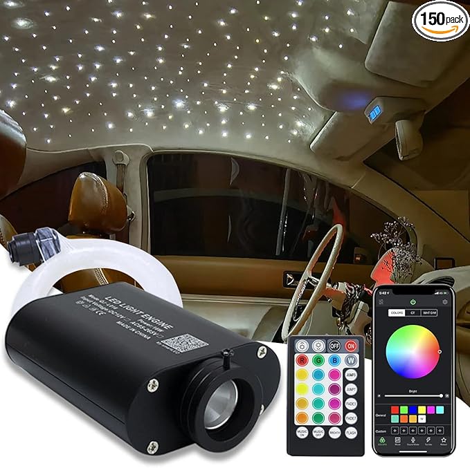 AMKI 16W Fiber Optic Lights,Starlight Headliner Light Kit APP/Remote Control Sound Activated Mode for Car&Home Decoration,Optical Fiber Cable Strands 0.75mm/0.03in 6.5ft/2m 150pcs