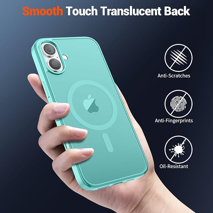 SUPFINE Magnetic for iPhone 16 Plus Case with Screen Protector (Compatible with MagSafe) (Military Grade Drop Protection) Translucent Matte Shockproof with Anti-Fingerprint Phone Case, Blue Green