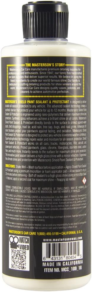 MASTERSON'S CAR CARE MCC_109_16 Shield Paint Sealant & Protectant - Nano Polymer Coating for Cars, Trucks, Motorcycles, RV - Delivers High Gloss Shine - Super Hydrophobic Repelling (16 oz)