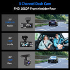 3 Channel 360 Dash Cam Front and Rear and Inside with 32G Card,1080P Dash Camera for Cars,Night Vision,3.0" IPS Screen,170° Wide Angle,Loop Recording,24H Parking Mode