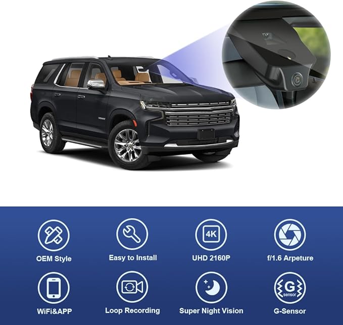 Fitcamx 4K Dash Cam Adapts for Chevy Tahoe 2021-2026 (HD2-6275, NO Sensor Cover) LS LT RST Premier High Country, OEM Factory Style, 2160P UHD Video, WiFi & APP, Loop Recording, G-Sensor, 64GB Card