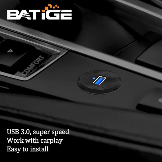 BATIGE Alloy Single Port USB 3.0 Dashboard Port Car Mount Flush Cable, Male to Female Waterproof Extension Cable for Car Truck Boat Motorcycle with LED Indicator 1ft