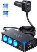 BESTEK 9 in 1 Cigarette Lighter Splitter 148W 3-Socket Car Cigarette Lighter PD30W and 4 USB-A QC3.0 18W with LED Display 12V/24V Cigarette Lighter Adapter for Dash Cam, GPS, iPad/Laptop/Phone