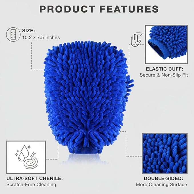 Chenille Microfiber Car Wash Mitt, Scratch Free Reusable Cleaning Glove, Soft Absorbent Auto Detailing Wash Mitt for Car Exterior & Interior – 1 Pack (Blue)