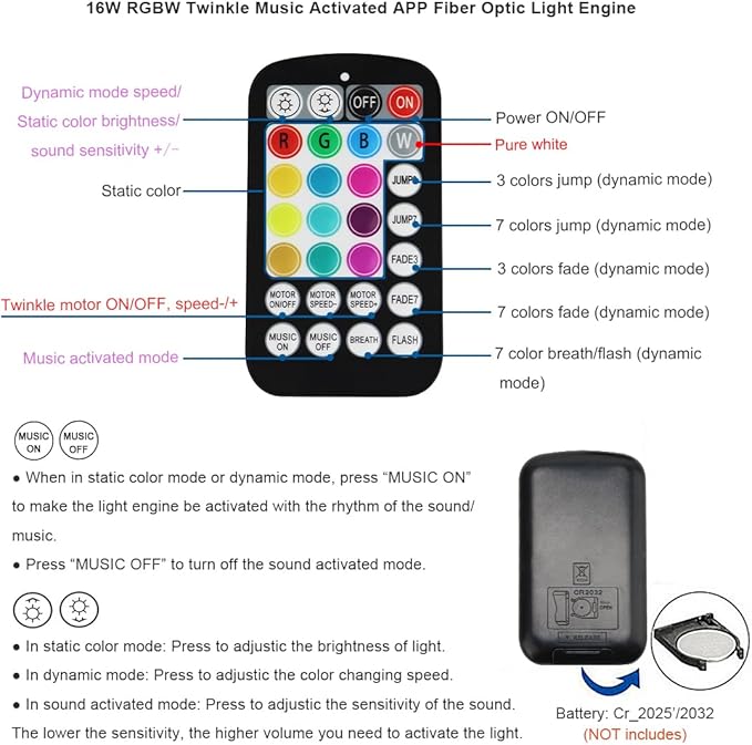 AKEPO Car/Home Small Size 16W Twinkle Fiber Optic Light Engine, RGBW Bluetooth APP Control + Music Activated + 28-Key Remote Control for Car Home Star Headliner