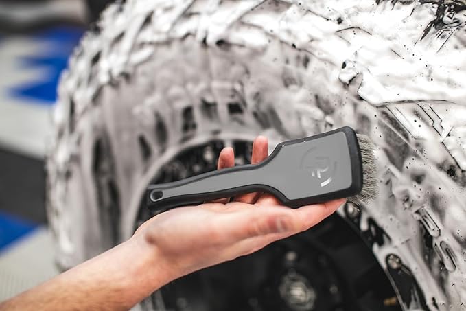 Detail Factory - ProGrip Tire Brush - Ergonomic ProGrip Handle, Stiff Synthetic Bristles, Ergonomic Design, Clean Your Tires with Ease - Grey