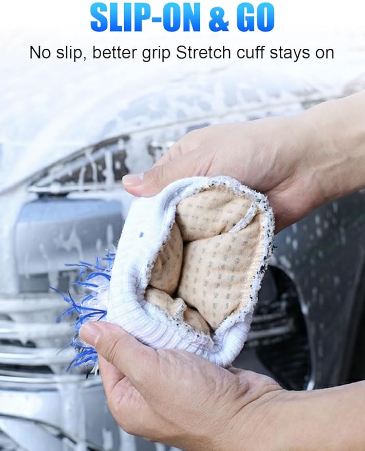 2Pack Premium Microfiber Car Wash Mitt, 10 x 8 Inches, Car Sponge Wrapped in Soft, Machine Washable (Blue & Black)