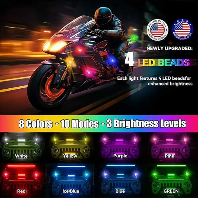 Upgraded Wireless Car Lights with Remote Control，Rechargeable Waterproof 8-Color Interior Car Light, Car Lights Anti-Collision Warning Lights for Vehicle Drone Motorcycle Bike