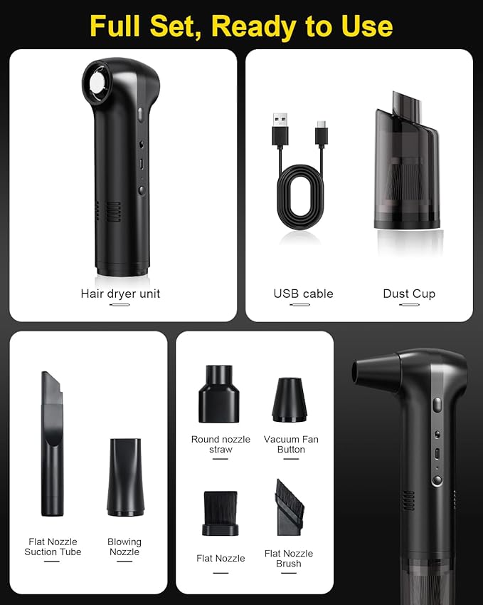 Electric Air Duster & Vacuum 2-in-1, Dual Brushless Motor 130000RPM Compressed Air Duster, 16000PA Handheld Vacuum, 3 Speed Mini Blower, Fast Charging 6000mAh Rechargeable, Keyboard Car Cleaning Kit