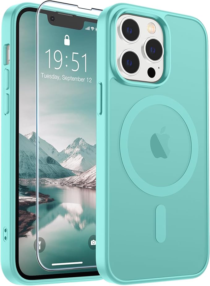 SUPFINE Magnetic for iPhone 13 Pro Case (Compatible with MagSafe) (Military Grade Drop Protection) Slim Translucent Matte Shockproof Phone Cover,Blue Green