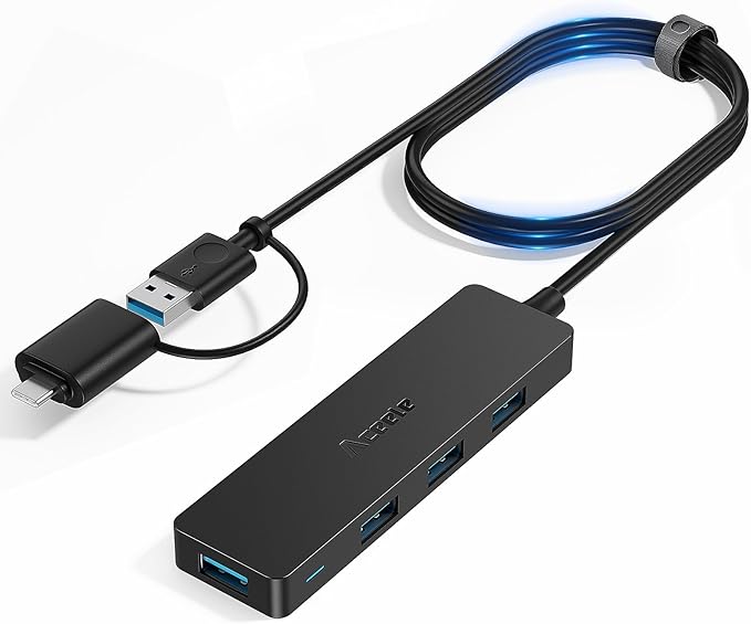 Aceele USB C/A Hub for Laptop, Ultra Slim USB Splitter 4 Port USB 3.0 Data Hub, Multi USB Port Expander with 4Ft Long Extension Cable for Desktop Mini PC,MacBook Air/Pro, iMac, PS5, Flash Drive