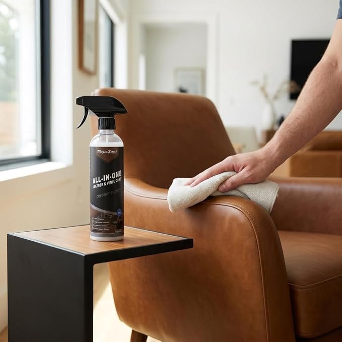 Magic Finish All-In-One Leather Conditioner & Vinyl Restorer (16 oz) – Non-Greasy Formula w/UV Shield – Nourishing Multi Surface Cleaner for Cars & Furniture – Leather Protector Spray (Coconut)