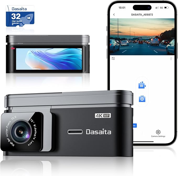 Dasaita 4K Front Dash Cam, 2160P Car Camera, 3.2" IPS HD Display, 170° Wide Angle, WiFi, WDR, G-Sensor, Loop Recording, Car Charger Power Cable, Night Vision-DAS-U3