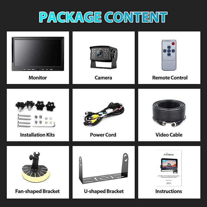 Fookoo Ⅱ 10" 1080P Wired Backup Camera System,10-inch HD Dual Split Screen Monitor with Recording IP69 Waterproof Rear View Camera Parking Lines Supports Up to 2 Cameras for Truck/Trailer/RV(DY101)