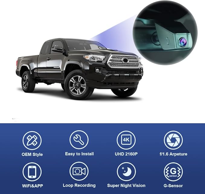 Fitcamx 4K Dash Cam Suitable for Toyota Tacoma 2016 2017 (12 Pin) HD2-6275, OEM Factory Look, UHD 2160P Video, Built-in WiFi & APP, Loop Recording, G-Sensor, Night Vision, Plug & Play, 64GB Card