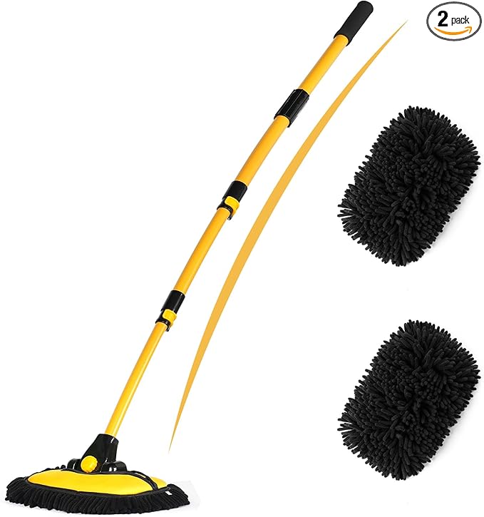 EVERRUSH 56.7" Car Wash Brush Mop Kit Microfiber Car Washing Sponge Mitt with Long Handle Car Cleaning Supplies Tools RV Washing Duster Exterior Scratch Free, Chenille Replacement Head Extension Pole