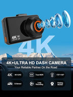 Dash Cam Front and Rear, 4K HD Dash Cam for Cars Built-in WiFi, Car Camera with Night Vision, 64GB Card, 170°Wide Angle, WDR, 3" IPS Screen, Loop Recording, G-Sensor, 24 H P Monitor (K9)