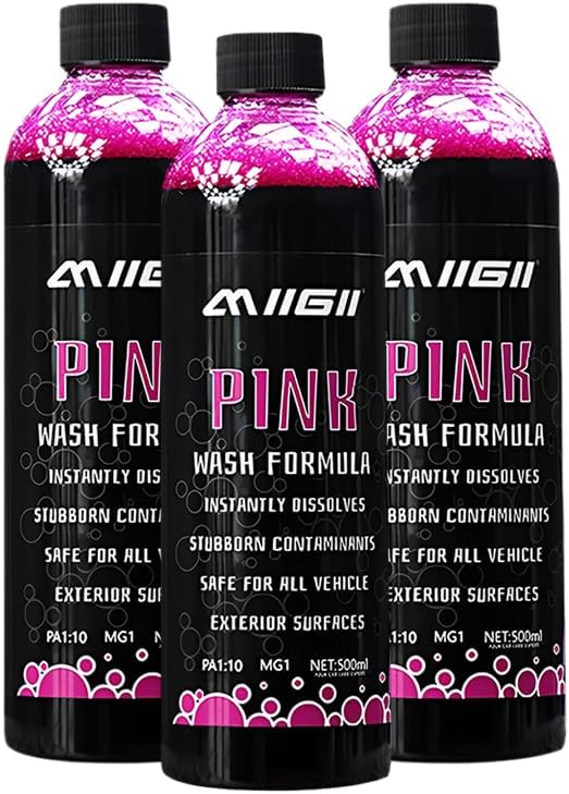 MIIGII Pre-Wash Solution Car Wash Soap - Pink Foam Car Shampoo - Powerful Formula Penetrates and Breaks Down Tree Sap, Bird Droppings & Tough Stains - Works on RVs, Trucks, Cars & More - 500ml (17oz)