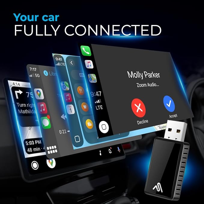 Wireless Carplay Adapter for Apple iPhone by AUTOSKY- Multi-User Seamless Connection for Convert Wired to Wireless Car Play Adapter - No Latency from iOS 10+ to Screen w/USB C