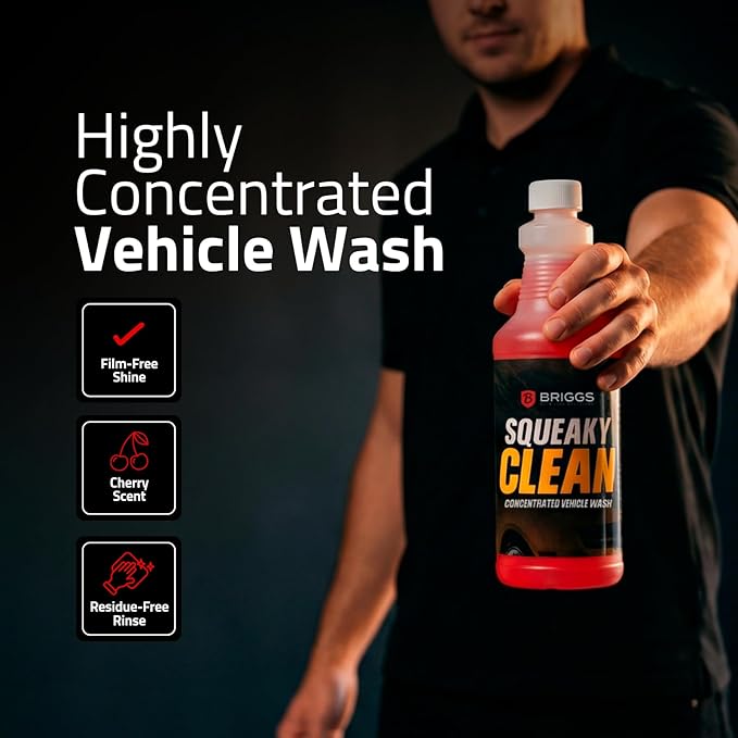 Briggs Squeaky Clean Hyper Concentrated Vehicle Wash – High Suds Car Wash Soap with Easy Rinse, Spot-Free Shine, Safe on Paint, Plastic & Metal – 34 oz