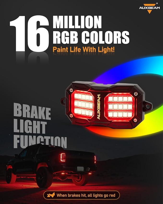 Auxbeam 8 Pods RGB LED Rock Lights w/Brake Mode, Dynamic Color Changing Wheel Well Lights w/Bluetooth APP& Remote Control, Music Voice Sync Underglow Kit for Trucks Boat Waterproof, 1 Year Warranty