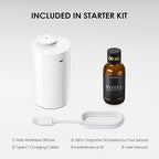Waterless Essential Oil Diffuser Starter Kit with 30mL Hotel Fragrance Oil Inspired by Four Season, Battery Operated Car Diffuser, Portable Aroma Nebulizer for Home Car Office, AN6Kit-B, White