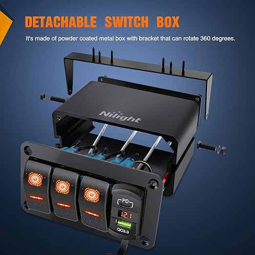 Nilight 3 Gang Rocker Switch Box 12V SPST ON Off Toggle Switches PD Type C and QC 3.0 USB Sockcet Voltmeter Orange LED Light Waterproof Aluminum Mount Bracket Panel DIY Stickers for Boat Car RV Truck